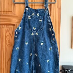 H&M Blue Denim Overalls with Floral Embroidery